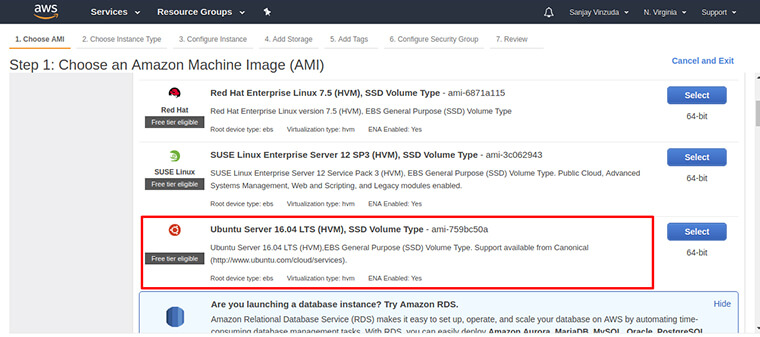 4. Choose an Amazon Machine Image (AMI) :