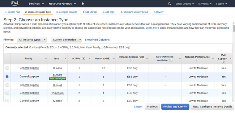 5. Choose an Instance Type: 