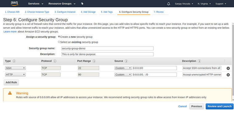 9. Configure Security Group: