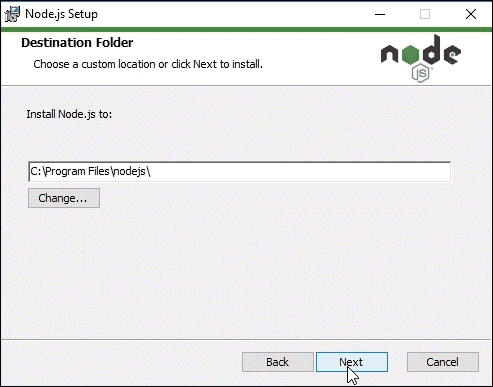 select the directory to install the Node update