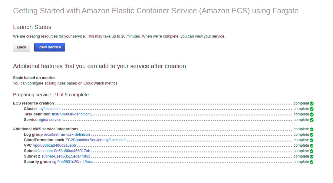 Amazon ECS view cluster button