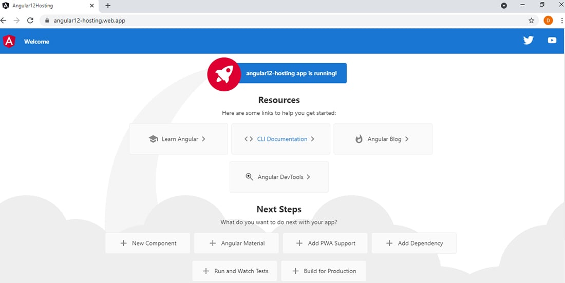 Angular 12 hosting app running