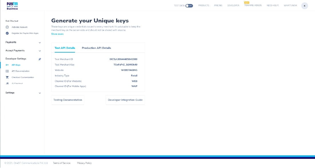 Collect the API keys