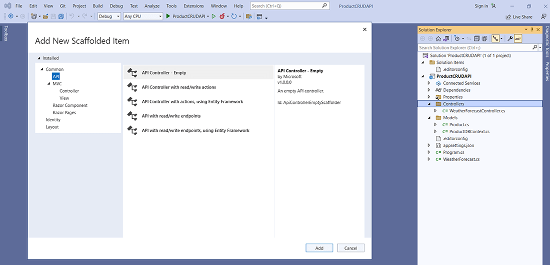 Add Products Controller with .net