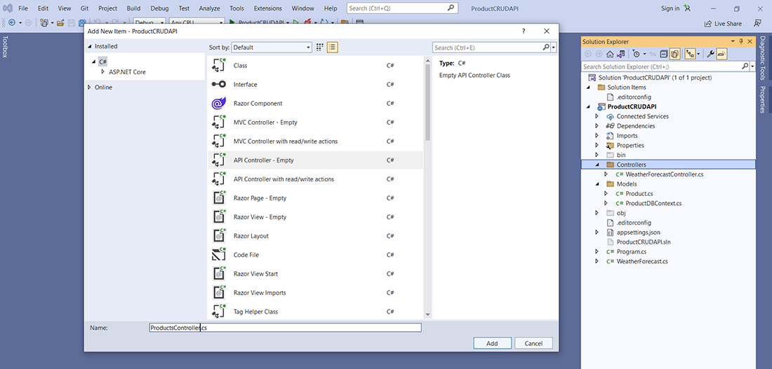 Add Products Controller with .net