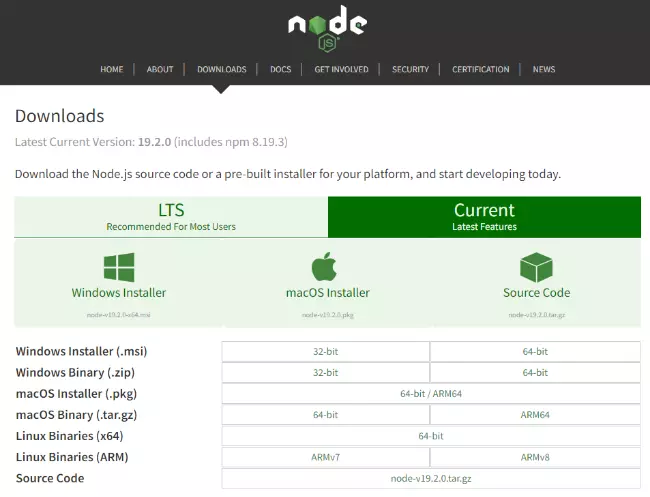 Update to Node js 19 with Binary Packages