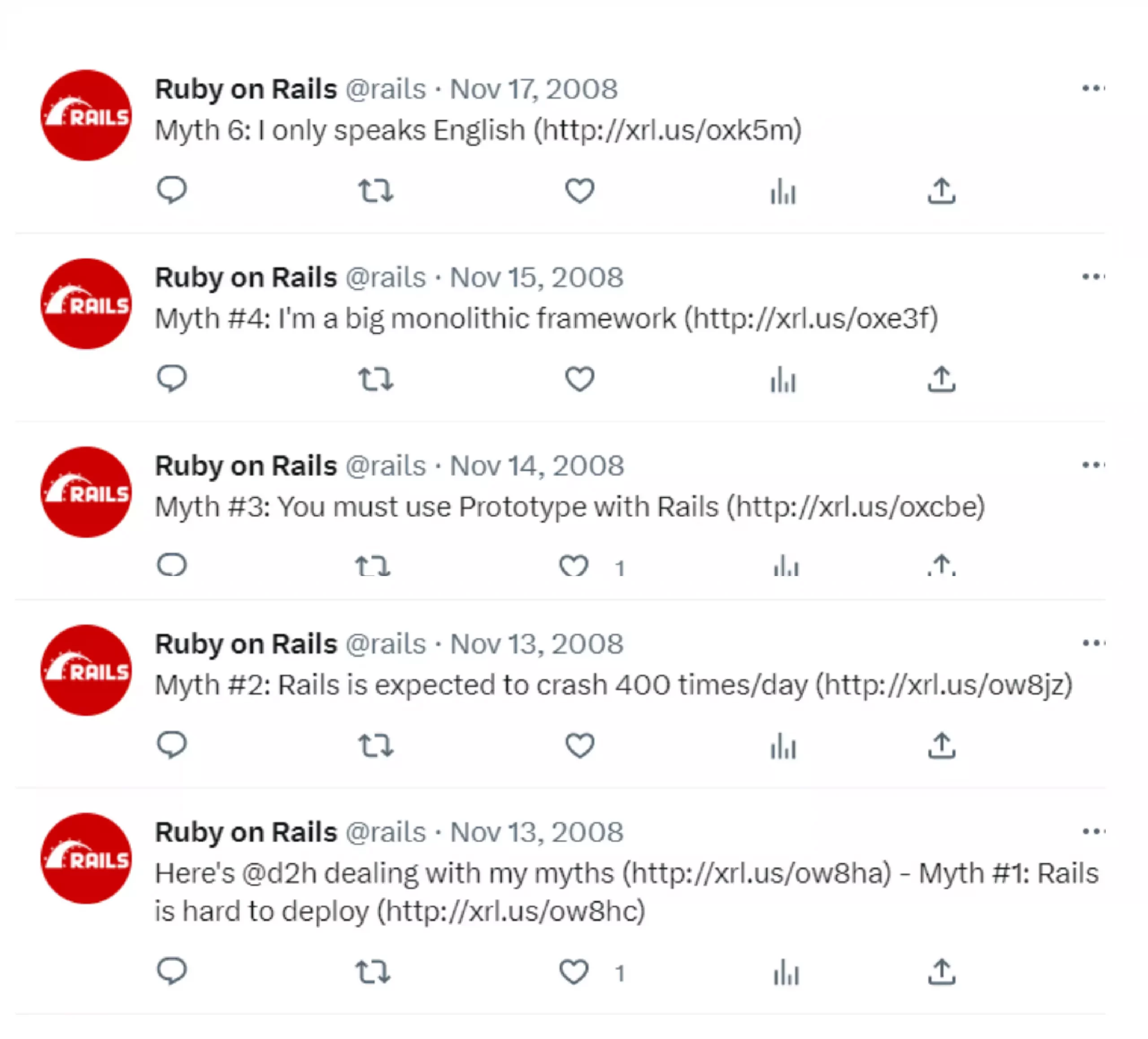 Tweets about myths of Ruby on Rails